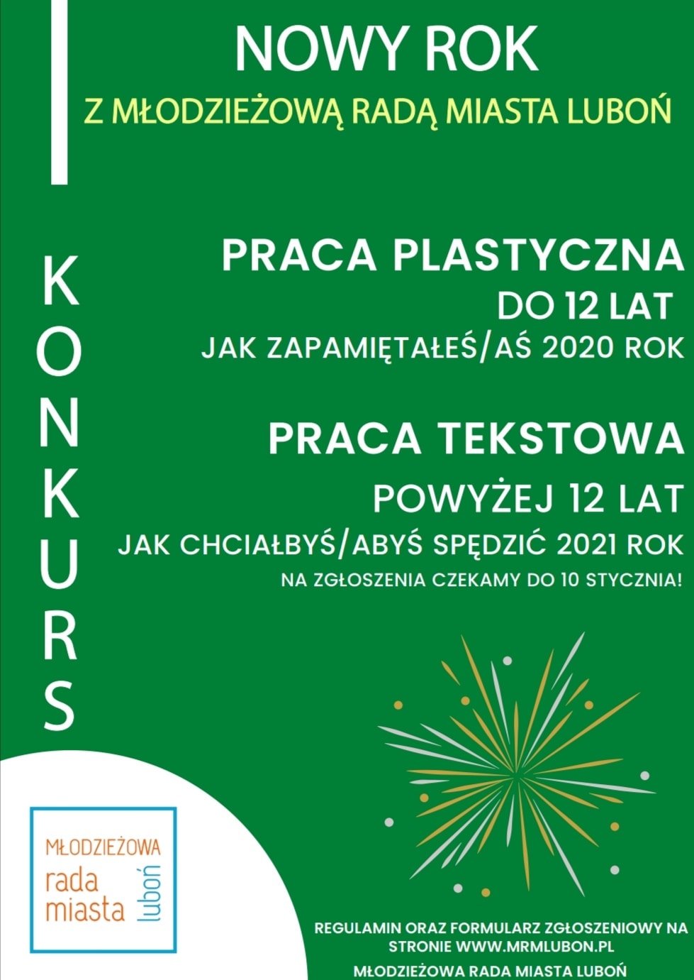 Plakat promujący konkursy Młodzieżowej Rady Miasta Luboń