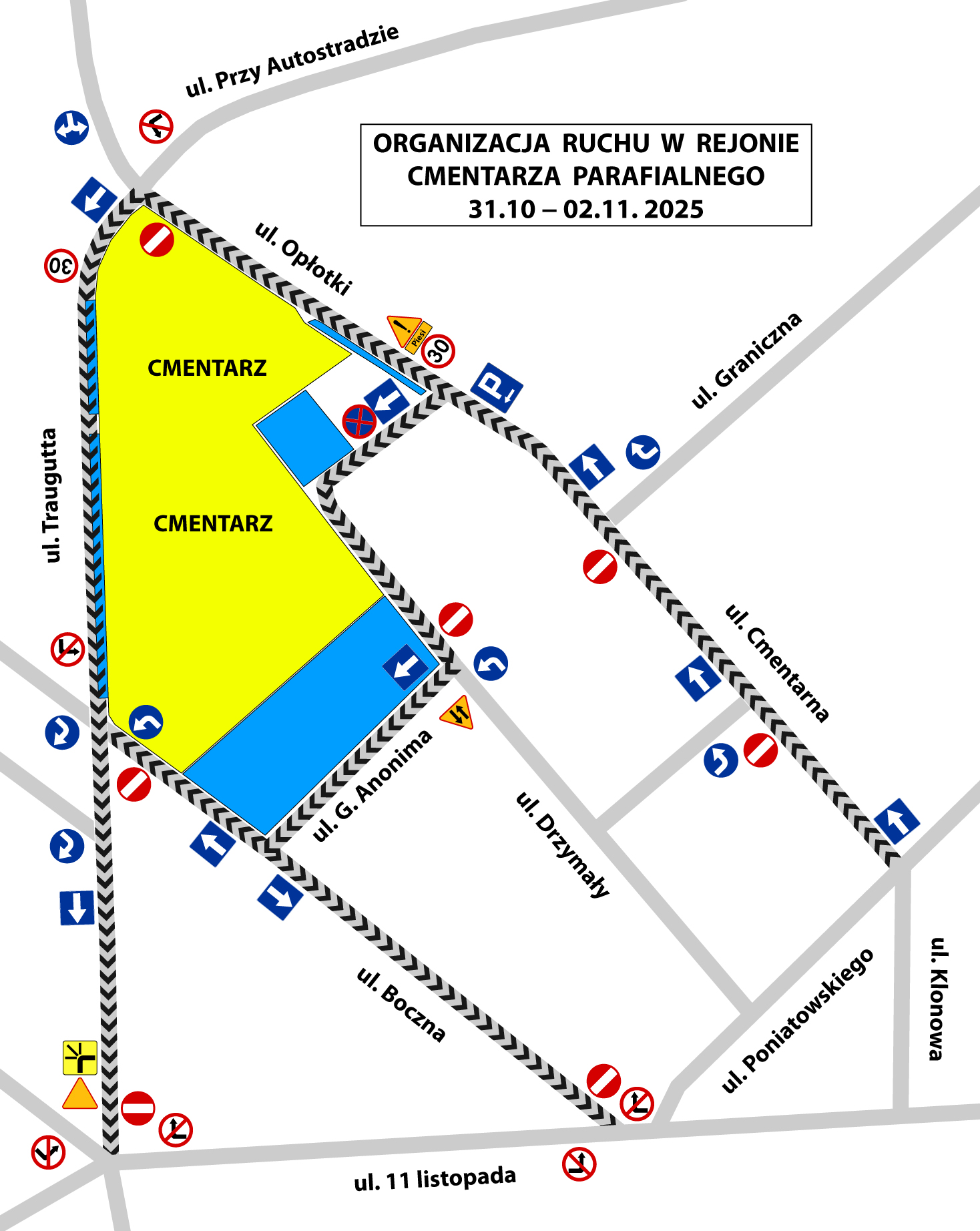 plan sytuacyjny tymczasowej organizacji ruchu w dniach 30-31.10.2025 r. oraz 1.11.2025 r. 