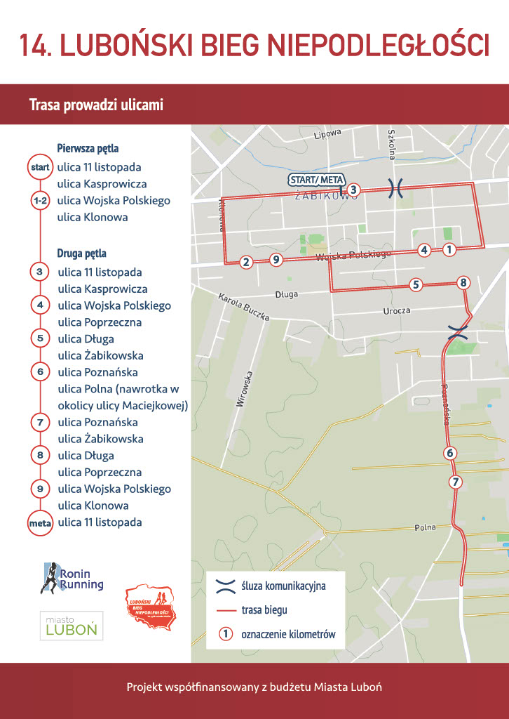Oznaczenie trasy biegowej podczas Lubońskiego Biegu Niepodległości, pełna treść informacji dostępna w artykule
