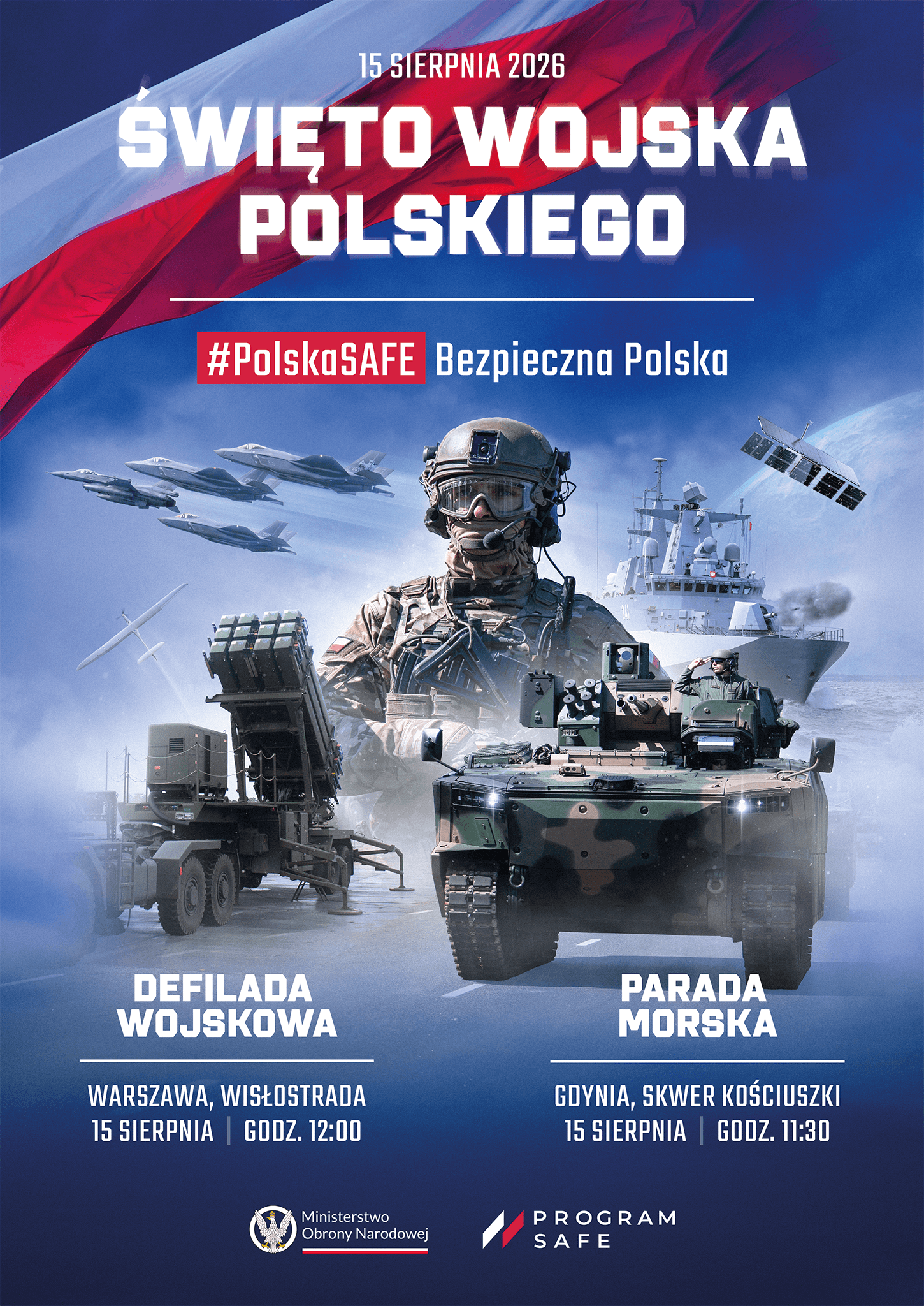 plakat informacyjny o obchodach Święta Wojska Polskiego „Polska SAFE - Bezpieczna Polska”