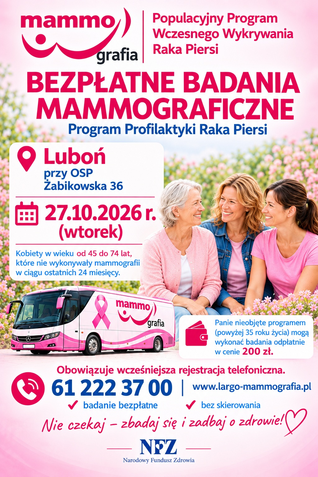 plakat informacyjny dot. bezpłatnych badań mammograficznych w Luboniu - 27.10.2026 - informacje powtórzone w artykule