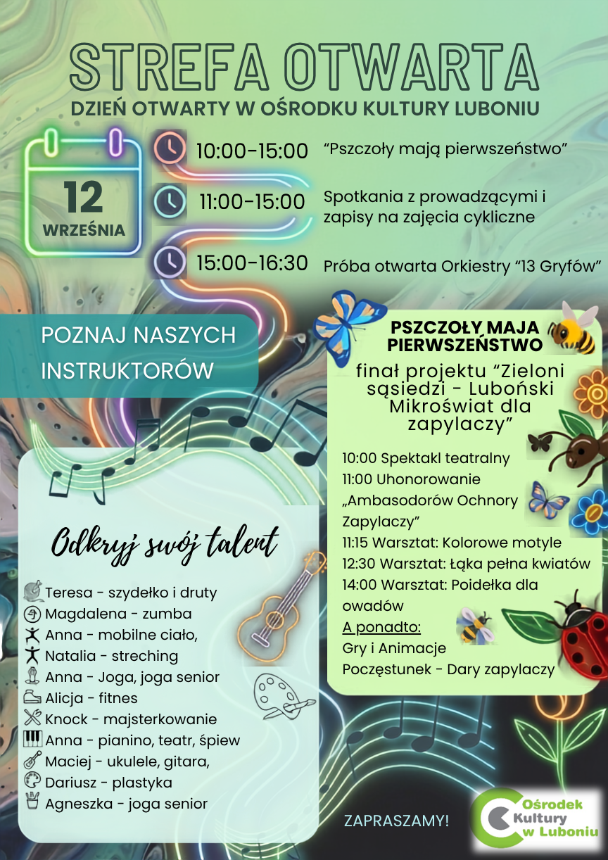 plakat informujący o dniu otwartym w Ośrodku Kultury w Luboniu - informacje powtórzone w artykule