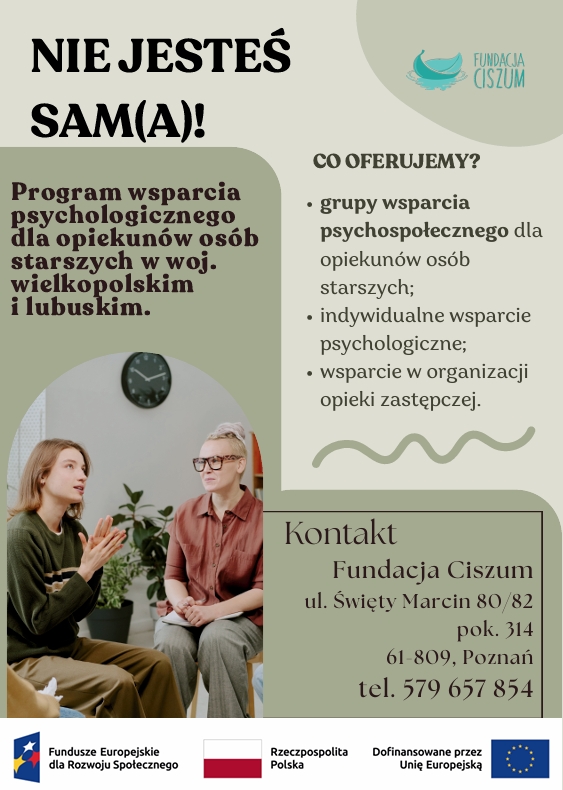 plakat informujący o bezpłatnym wsparciu psychologicznym dla nieformalnych opiekunów osób starszych w powiecie poznańskim - informacja powtórzona w artykule