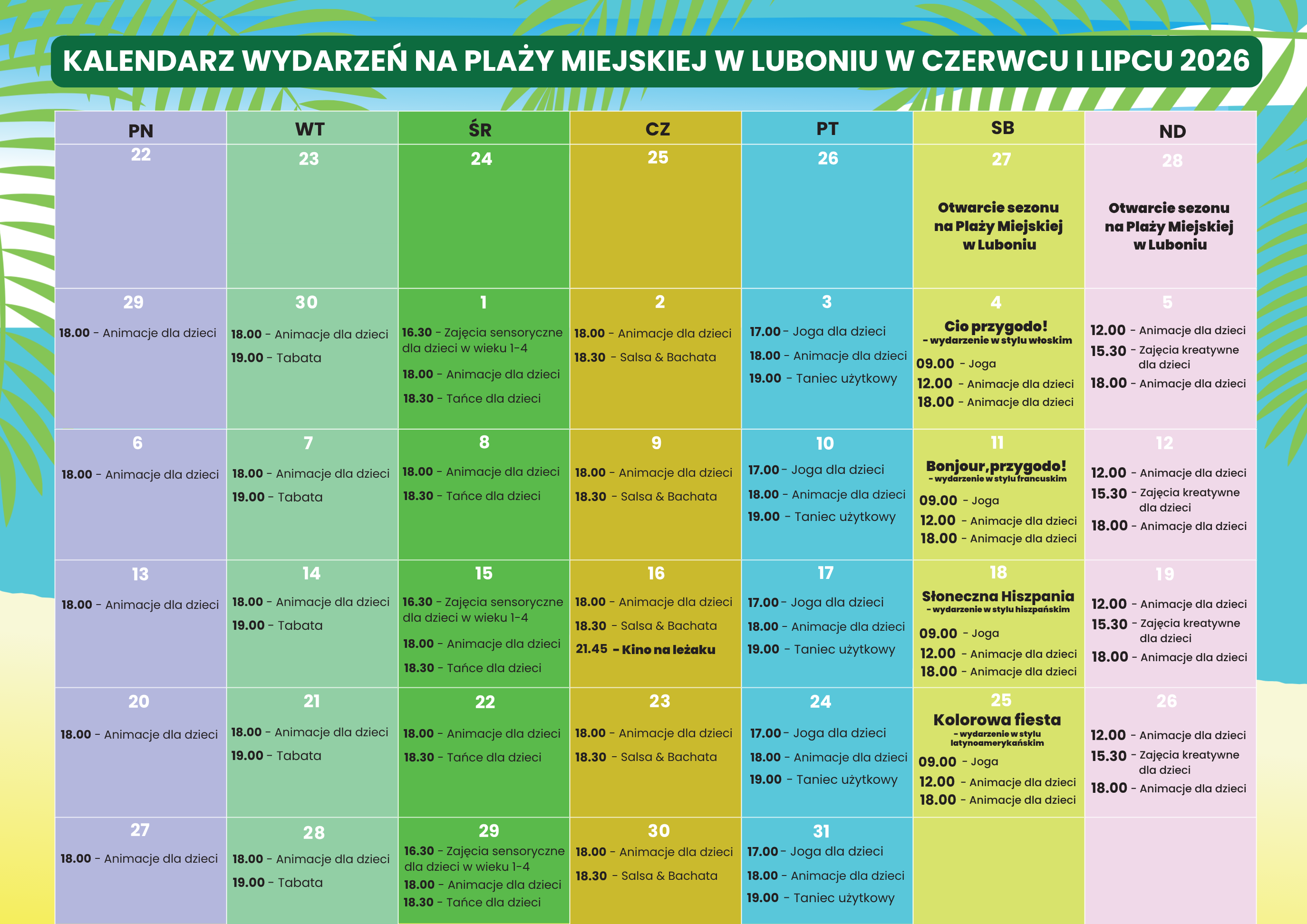 Kalendarz wydarzeń na plaży miejskiej od czerwca do lipca w 2026 roku
