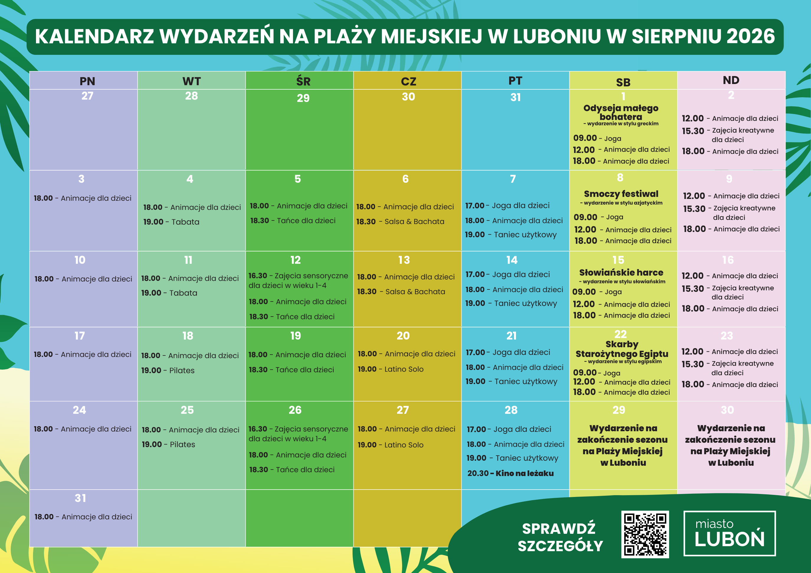 Kalendarz wydarzeń na plaży miejskiej w sierpniu w 2026 roku
