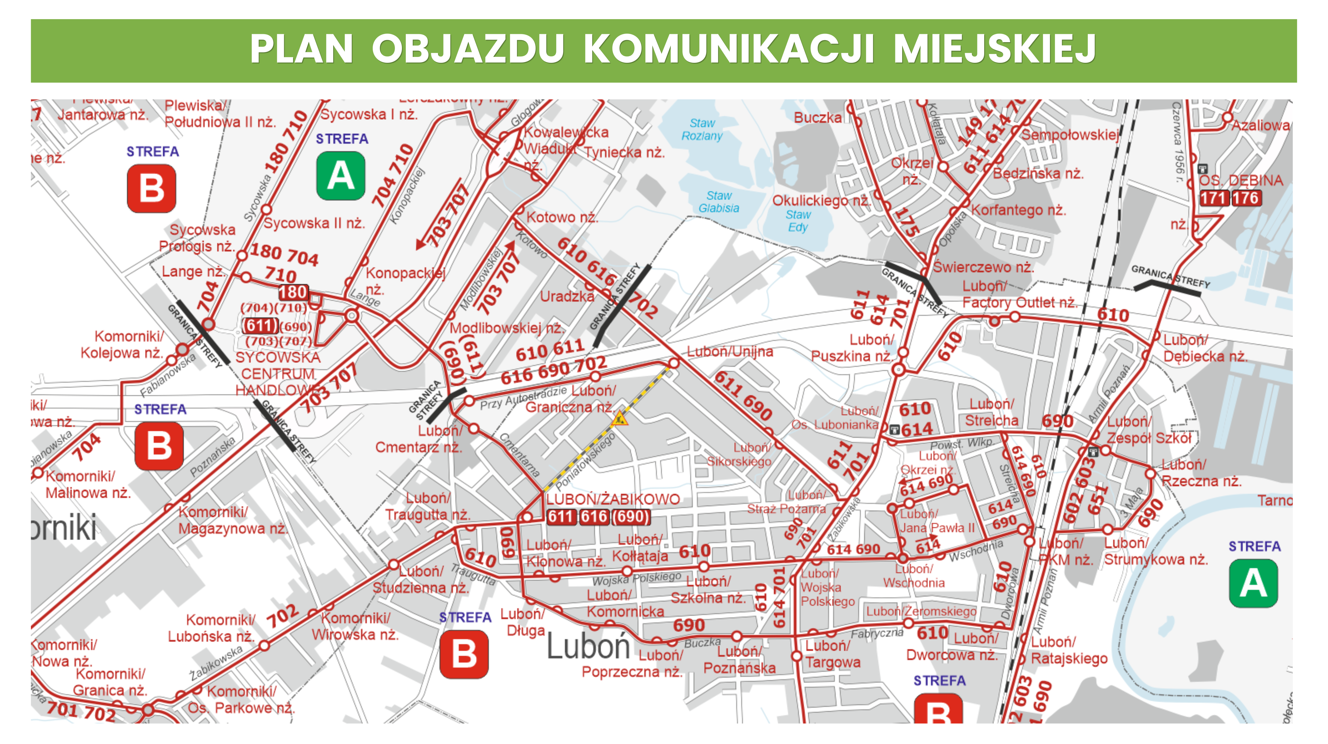 Schemat objazdu komunikacji miejskiej w związku z budową ul. Poniatowskiego