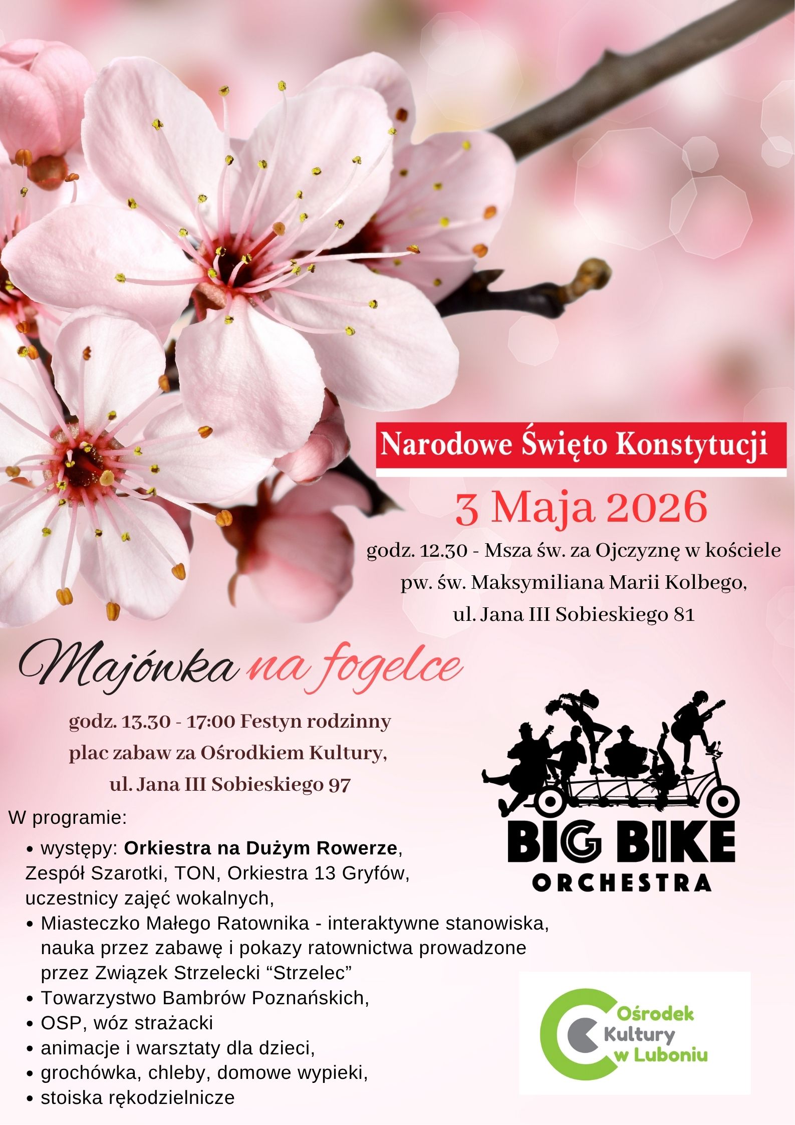 Plakat informujący o wydarzeniu pn. Maj&oacute;wka na Fogelce, kt&oacute;re odbędzie się 3 maja 2026 roku na placu zabaw przy Ośrodku Kultury w Luboniu - informacje powt&oacute;rzone w artykule