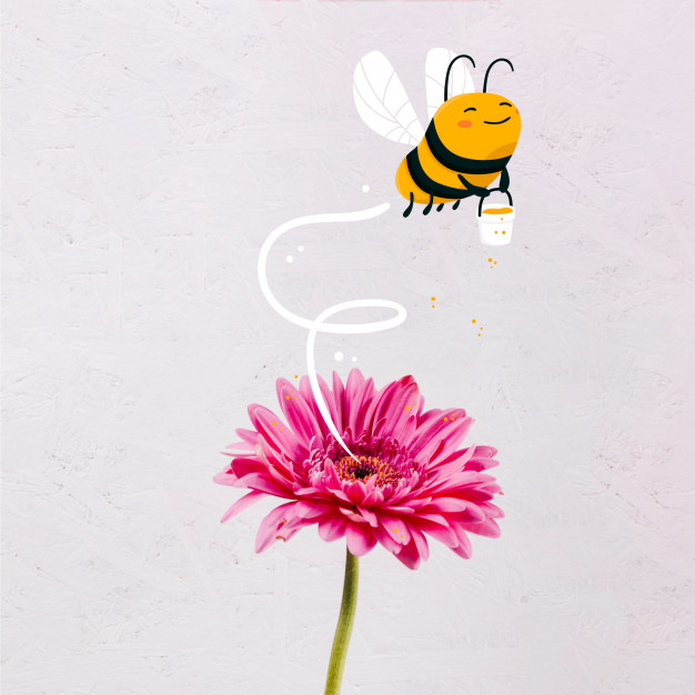 grafika przedstwiająca pszczołę lecącą nad kwiatem