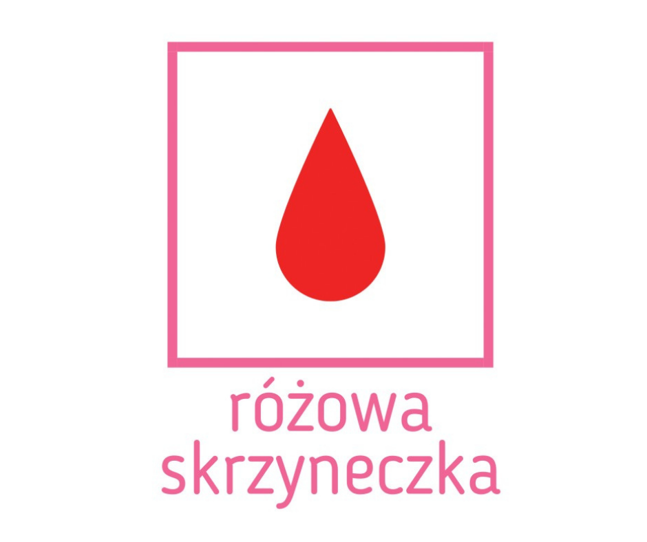 logo różowej skrzyneczki: napis i kropla krwi w różowej ramce
