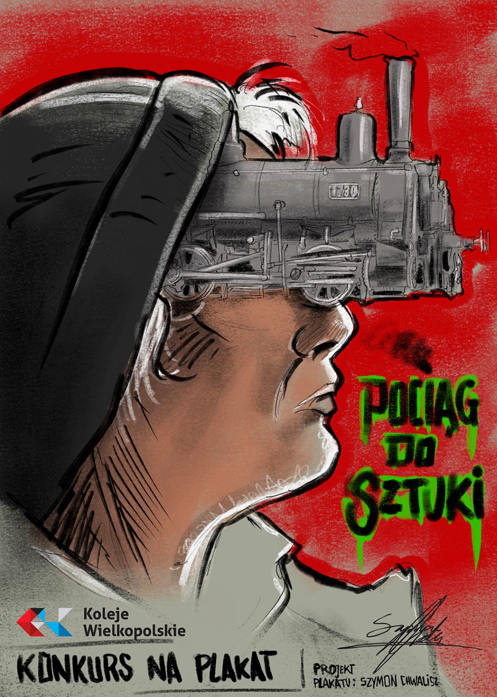 plakat promujący konkurs artystyczny „Koleje Wielkopolskie – pociąg do sztuki”