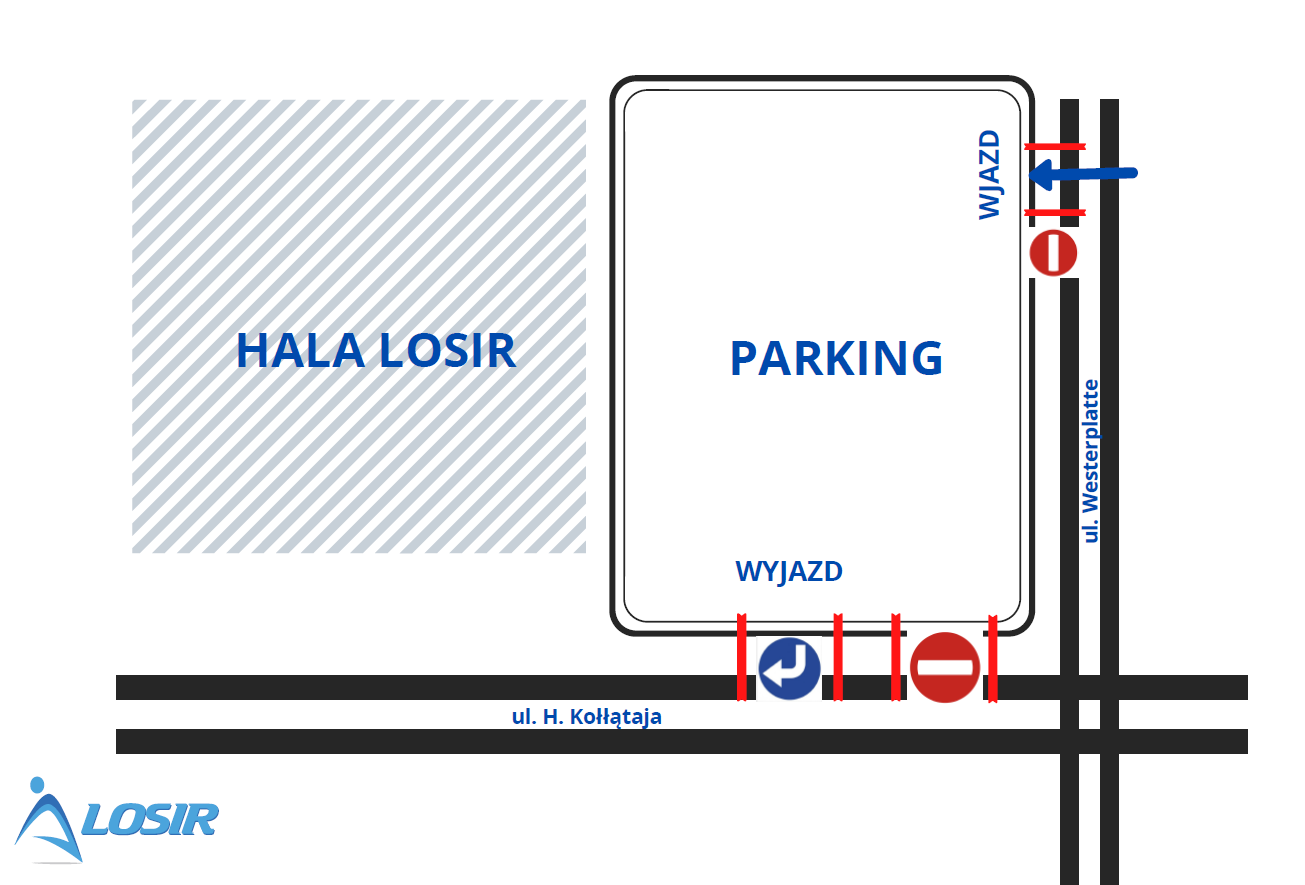 projekt nowej organizacji ruchu na parkingu przed halą LOSIR ilustrujący informacje zawarte w artykule