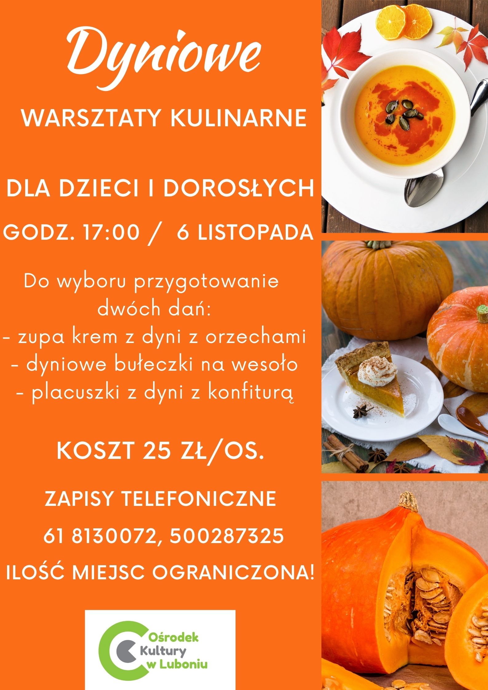 Pomarańczowa grafika ze zdjęciami dań z dyni. Informacje o warsztatach z tekstu artykułu