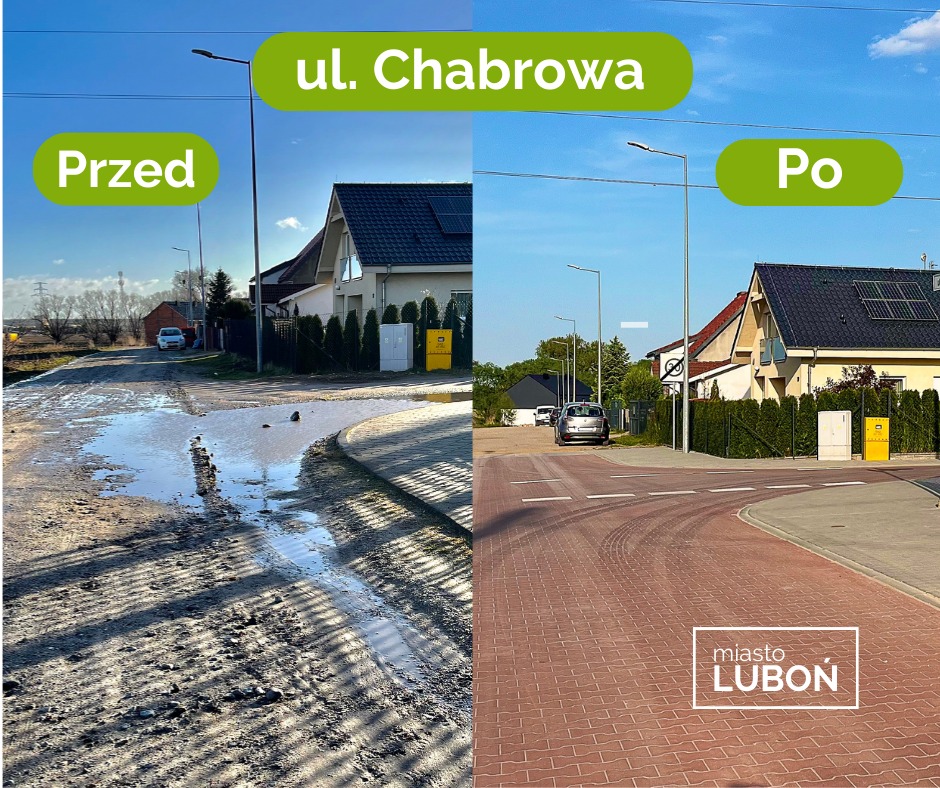 Na zdjęciu widoczna jest ul. Chabrowa przed i po budowie ulicy.