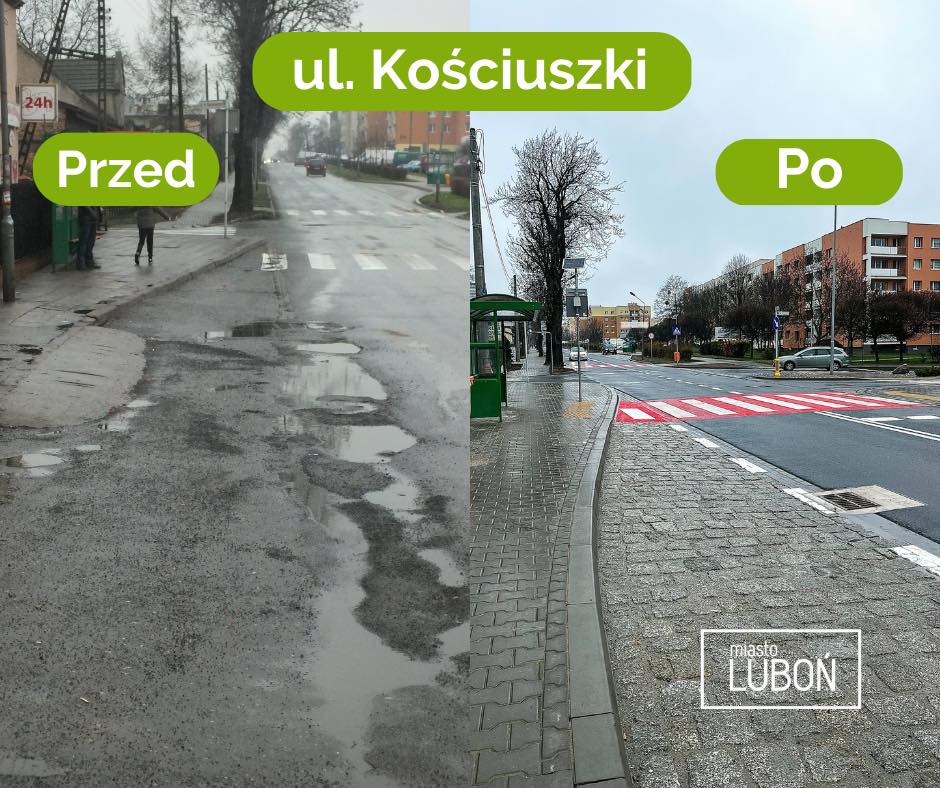 Na zdjęciu widać po lewej stan ulicy Kościuszki przed remontem a po prawej stronie po przebudowie.