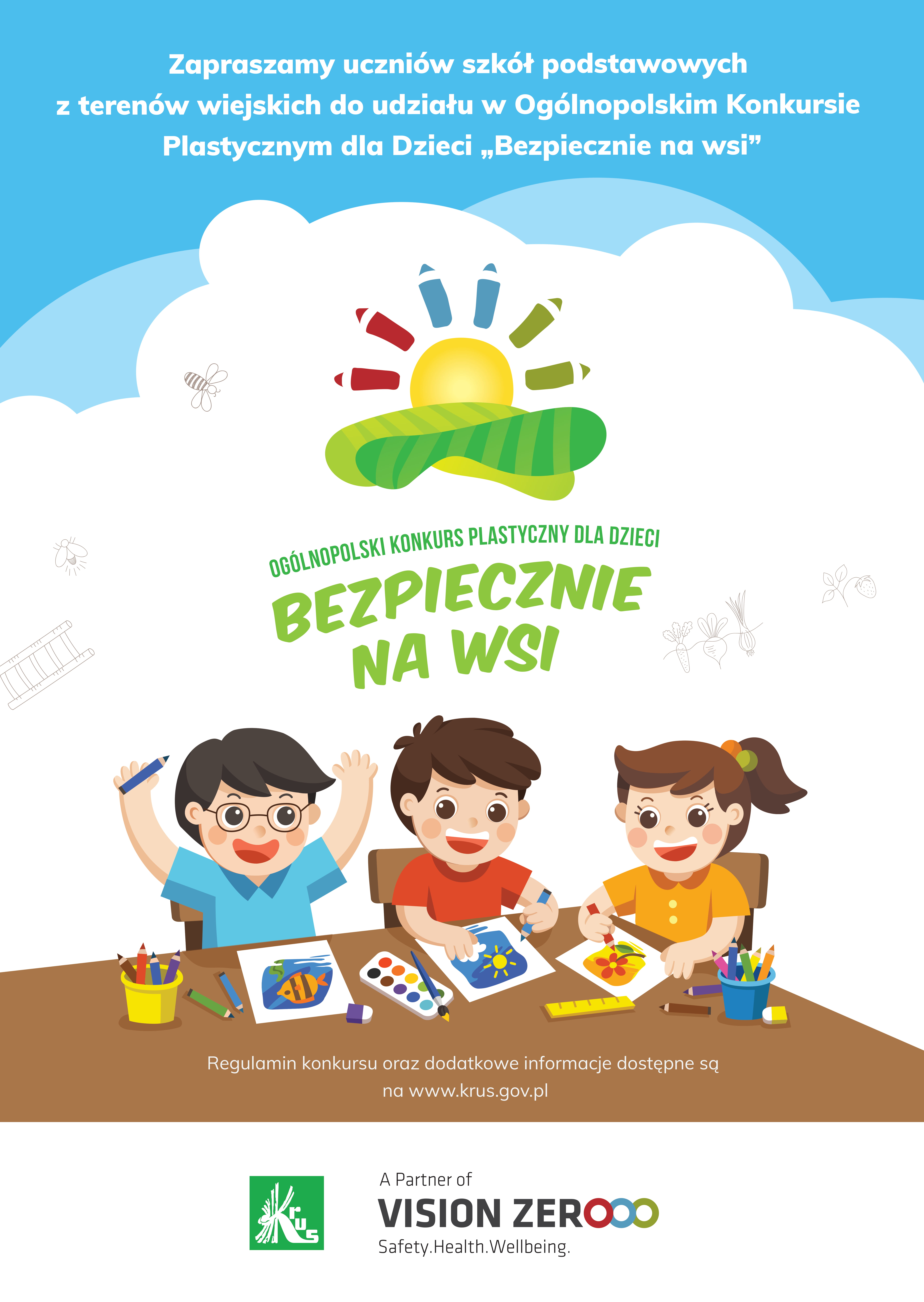 plakat przedstawiający rysujące dzieci, zachęcający do udziału w konkursie plastycznym dla dzieci - treść powtórzona w artykule.