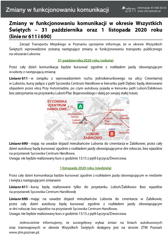 informacja o zmianach w komunikacji miejskiej w Luboniu w dniu 1.11.2020 r. - informacje powtórzone w artykule