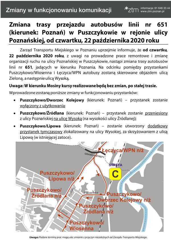 informacja o zmianie trasy autobusów linii 651 na odcinku Puszczykowa - informacje powtórzone w artykule